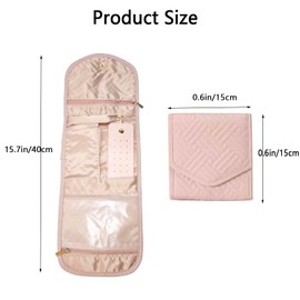 ZMD Travel Jewelry Organizer Roll Case, Small Jewelry Storage Bag Women Foldable Jewelry Pouch Roll Travel Jewelry Holder for Necklaces, Rings, Earrings, Bracelets, Pink