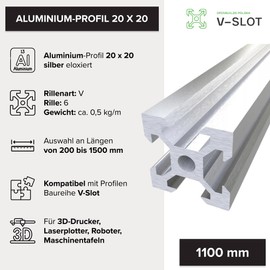 V Slot 2020 Silver Length 200-1500 mm V Type Anodised Linear Schine for 3D Printers Prusa Ender, CR-3, AM-8, Aluminium Profile Ideal for Building Hobby CNC Machines, Laser Plotters (1100 mm)