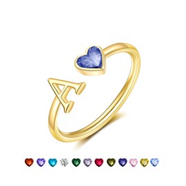 GLEZZA Initial Rings for Women Teen 14K Gold Plated Birthstone Rings Stackable Dainty Letter Rings Christmas Birthday Birthstone Jewelry Gifts for Mother Daughter,Adjustable Size 5-10