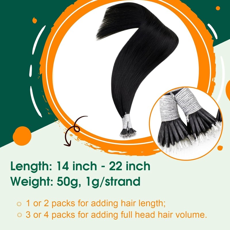 Easyouth Nano Ring Hair Extensions Real Hair Jet Black Individual