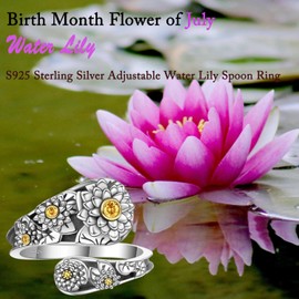 Sterling Silver Water Lily Spoon Ring Vintage Floral Jewelry Gift of July Birth Month Flower Adjustable Band for Women Birthday Teen Girls Graduation