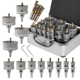 Metal Hole Saw Kit, 16pcs TCT 5/8"-2-1/4" Carbide Hole Saw Kit, with Pilot Drill Bits, 3-Edge Blade for Precision Cutting Stainless Steel Iron Copper Brass Aluminum