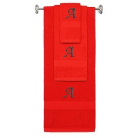 BY LORA Custom Embroidered Terry Cotton Ring Spun Bath Towel, Hand Towel and Washcloth Set - Red Towel Set, Black Chancery Initial A