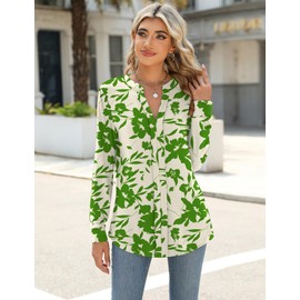 Micoson Tunic Tops for Women Loose Fit Dressy V Neck Casual Work Shirts Womens Tops Long Sleeve Cotton Flowy Top Apricot Green Floral L