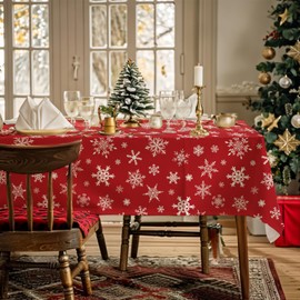 AIBIIN Christmas Tablecloth white Snowflake Rectangle Holiday Table Cloth Waterproof Polyester Fabric Red Table Cover Party Table Decor Supplies 56x84in