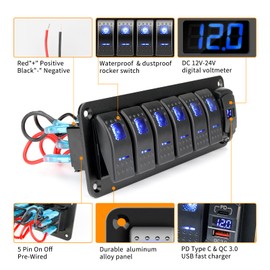 RVZONE 6 Gang 5 Pin Marine Boat Rocker Switch Panel with DC 12-24V LED Voltmeter PD Type C and QC 3.0 USB Fast Charging IP68 Waterproof Toggle Switch Panel for Boat Marine UTV Truck Car (Blue)