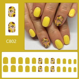 Yellow Sunflower Press on Nails Summer Flower Fake Nails Short Square Floral False Nails Glossy Solid Color Stick on Nails Glue on Nails for Women DIY Acrylic Nails