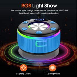 Bluetooth Shower Speaker, Portable Bluetooth Speaker Wireless with Time Display, 2024 IPX7 Waterproof Speaker with Lights, Stereo Bass, Radio, Mini Speaker for Bathroom, Party, Travel, Outdoor, Blue