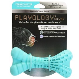 Playology Silver Dental Chew Bone for Large to X-Large Senior Dogs 50lbs & Up | Engaging All-Natural Peanut Butter Scented Dog Chew Toy | Non-Toxic Materials for Older Teeth