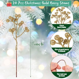 CCINEE 24 Pack Christmas Artificial Gold Berry Stems,6.9 Inch Xmas Gold Glitter Berry Picks Holly Branches for Christmas Tree Ornaments Xmas Wreath DIY Crafts Home Holiday Decor