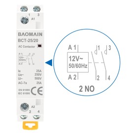 Baomain 12V AC 2-Pole Modular Contactor, 25A 2NO Normally Open, DIN Rail Mount for HVAC, Motor, Pump & Lighting Control BCT-25/20-12VAC