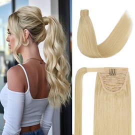 22 Inch Human Hair Ponytail 90g Long Wrap Around Ponytail Bleach Blonde Real Hair Ponytail Extension for Women(22inch,Bleach Blonde)