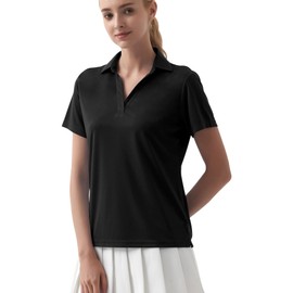 QBK Womens Polo Shirts - Short Sleeve Collared Shirts, UPF 50+ Dry Fit Lightweight V-Neck Golf & Tennis Tops (Black, M)
