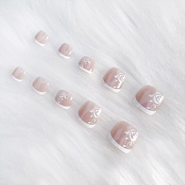 JUSTUSNX 24 Pieces Square False Toe Nails with Rhinestones White Edges Press On Toe Nails for Women and Girls (A)