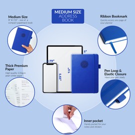 GoGirl Address Book – Telephone and Address Book with Alphabetic Tabs for Safely Storing Contacts, Medium-Sized (5.0″ x 7.5″) PU Leather Hardcover – Royal Blue