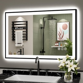 AWANDEE 40x24 Black Framed LED Bathroom Mirror with Lights, Backlit + Front Lit, Anti-Fog Lighted Vanity Mirror for Bathroom Wall with 3 Colors, Dimmable, Memory, Tempered Glass, Horizontal/Vertical
