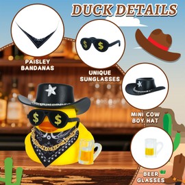 Jyeennar Car Rubber Duck with Black Cow-boy Hat Sunglasses Accessories for Jeep Ducking Car Dashboard Decoration Party Favors,Cool Duck with Beer Glasses,Paisley Bandanas,Necklace