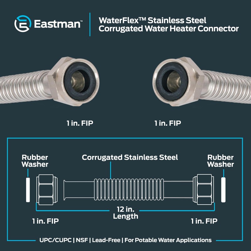 Eastman 12 Inch WaterFlex Water Heater Connector, 1 Inch FIP