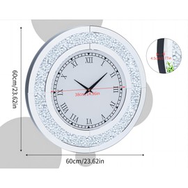 Artloge Crushed Diamond Wall Clock: 24 inch Round Decorative Mirrored Clock with Silver Glass Beveled Mirror Edge Frame and Bling Diamonds, Art Deco Home Modern Decoration for Livingroom