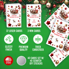 RokAPary Reindeer Christmas Party Game Scratch Off, Find The Reindeer Easy to Play Silly Games, Fun Idea, Ice Breaker Activity. Raffle Cards, Set of 40 Cards, Merry Christmas. Made in USA