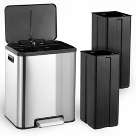 Rectangular Hands-Free Dual Compartment Recycling Kitchen Step Trash Can with Soft-Close Lid, Stainless Steel 2 x 4 Gal (2 x 15L) Garbage Can, Plastic Inner Buckets and Hinged Lids, Airtight