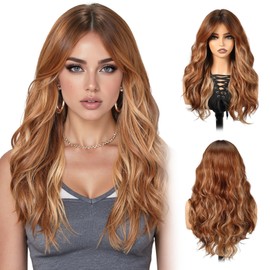 purshine Long Ombre Brown Wig for Women, 22 Inch Long Wavy Middle Part Wig, Synthetic Fiber Wig, Realistic Scalp, Suitable for Daily Parties