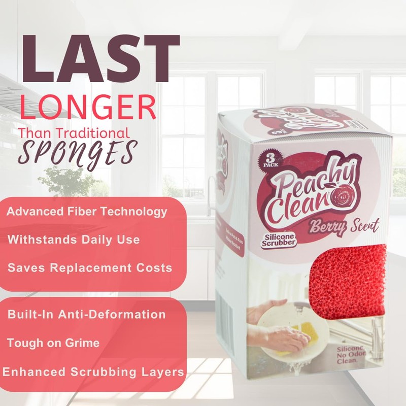 Peachy Clean Silicone Dish Sponge Scrubbers, Fresh Berry Scent, Non-Scratch,