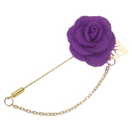 MECCANIXITY Lapel Pin for Men, Size: 1.57 inch Cloth Alloy Rose Flower Pin Suit Lapel Stick with Gold Leaf & Trim/Tassel Chain Brooch for Bridegroom Wedding 1 Count Purple