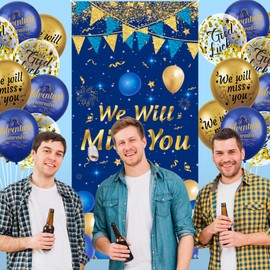 Blue Gold We Will Miss You Decorations for Men - Navy Blue Door Cover Banner and 18pcs Balloons for Men's Farewell, Going Away, Goodbye Graduation Party Decor Supplies