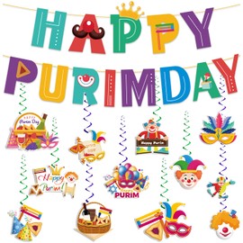 Need DIY Purim Decorations Banner and Hanging Swirls Happy Purim Day Banner Mask and Clown Style Hanging Swirls Jewish Holiday Party Decorations