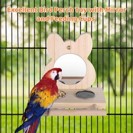 Eco Bird Feeder with Stainless Steel Dish, Natural Wood Perches & Mirror - Easy Clean/Refill for Cockatiels, Lovebirds, Canaries, Finches, Budgies & Small/Medium Birds - Parrot Cage Accessories