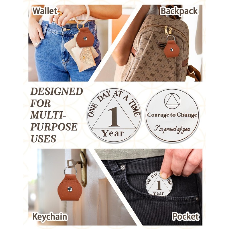 CHURYUML 1 Year Sobriety Coin with PU Leather Keychain -