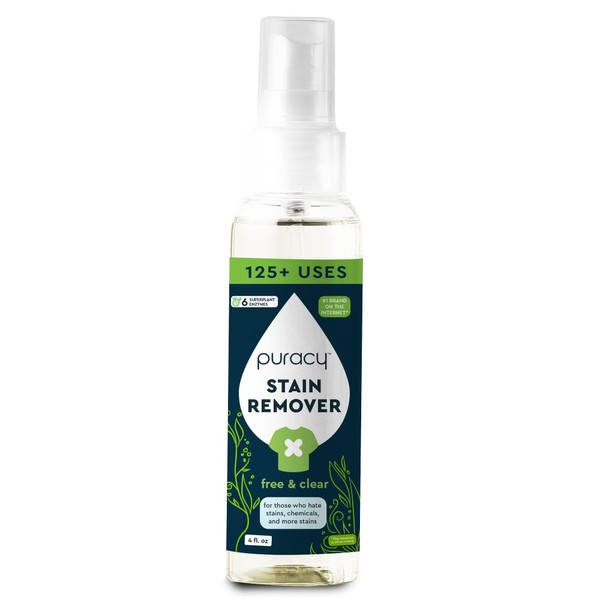 Puracy Stain Remover for Clothes, Laundry Spray for Fresh & Set-In Clothing Stains, Enzyme-Based Laundry Stain Remover, 98.95% Plant-Powered Natural Stain and Odor Cleaner, Free & Clear, 4 Fl Oz Travel Size Stain Remover