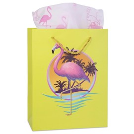DolliBu Flamingo Large Gift Bag with Tissue Paper - Cute Zoo Animal Big Gift Wrap Bag with Handles and Flamingo Tissue Paper for Holiday, Birthday, Party Favor Gift Bags for Kids and Adult - 13 Inch