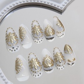 MERVF Almond Press on Nails Medium Fake Nails White Solid Color Stiletto Glue on Nails Gold 3D Flower Press ons Bohemian Gypsy Style Acrylic Nails 30pcs Glossy