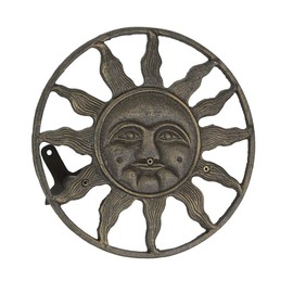 Bronze Finish Cast Iron Sun Face Garden Hose Holder - 12 Inches in Diameter - Decorative Wall-Mounted Outdoor Hanger for Organized and Stylish Outdoor Spaces