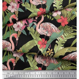 Soimoi Black Cotton Duck Fabric Flamingo & Leaves Tropical Print Fabric by The Yard 42 Inch Wide