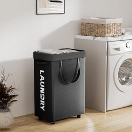 YECAYE 75L Rolling Laundry Hamper, Easy-to-Assemble Clothes Hamper with Wheels, Rolling Dirty Clothes Basket, Slim Basket for Bedroom, Bathroom, or Laundry Room, Black