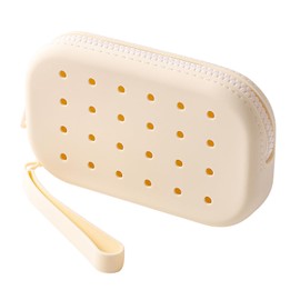 JOVAKIT Small Portable Silicone Makeup Bag for Women with Decorative Holes, Travel Waterproof Toiletry Cosmetic Bag Gifts for Women, Zipper Closure Makeup Case with Handle (White)