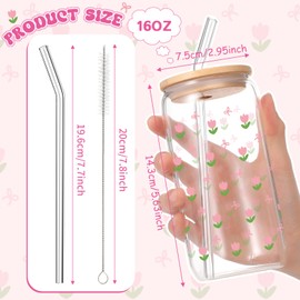 Yetene 12 Sets Aesthetic Drinking Glass Cups with Bamboo Lids and Straw Brushes 16oz Cute Print Glass Cups Iced Coffee Tea Beer Tumblers Gifts for Women, Coffee Bar Accessories(Tulip)