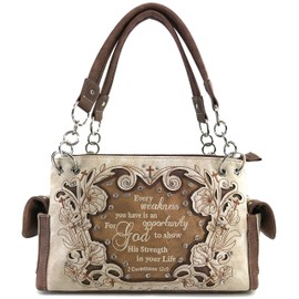 Justin West Embroidery Floral 2 Corinthians 12:9 Bible Verse Rhinestone Tote Shoulder Concealed Carry Handbag Messenger Purse (Beige handbag only)
