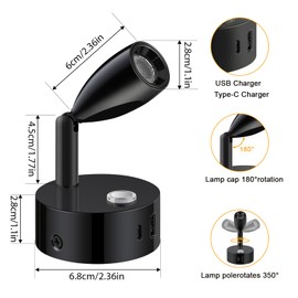 ERWEY 2 x 12 V LED Reading Lamps, Motorhome, Continuous Brightness & 3 Colour Temperature Modes, Bed Lamp, Wall Lamp with Charging Function, USB A+C Connections, for Car, Van, Caravan, Interior