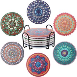 Yiyiring Coasters for Drinks, Drink Coasters with 1 Holder, Absorbent Coaster Sets of 6, Ceramic Drink Coaster, Suitable for Wooden Table Cups Home Housewarming Living Room Decor, 4 Inch (Vivid)