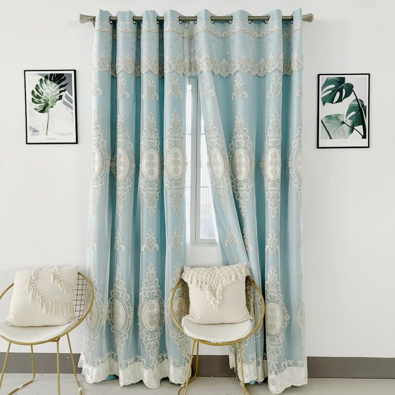 Amidoudou 1 Pair European Double Layer Curtains with Valances for