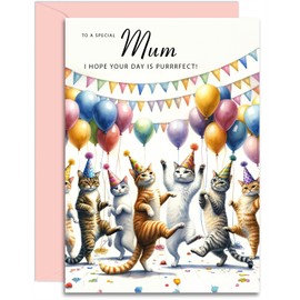 Mum Birthday Card - Dancing Cats Design - Happy Birthday Card for Her. A5 with Pink Envelope - Designed and Printed in the UK