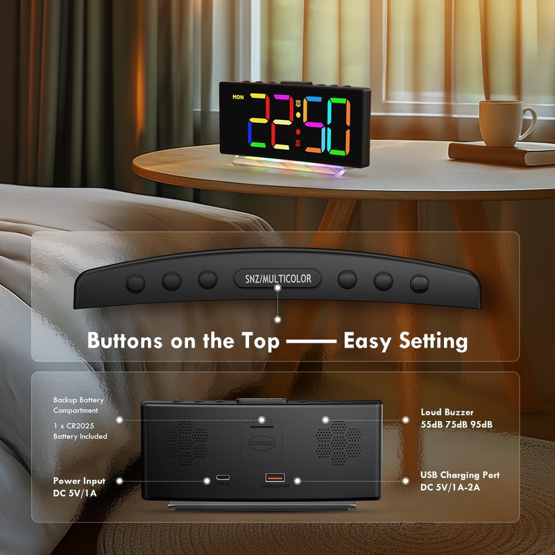 HERMIC Alarm Clock, Digital LED Alarm Clock with 7 Colours