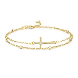 GAVU Double Chains 14K Gold Plated Cross Bracelet for Women, Women’s 925 Sterling Silver Zirconia Cross Bracelet