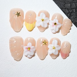 10 pcs Handmade Press On Nails,Ocean-Themed 3D Shell French Aurora Cat Eye with flowers and starfish,Summer latest styles, Almond Shape, Reusable DIY Nail Art for Women and Girls (A04, M)