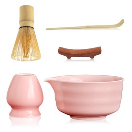 Xkzhrr Matcha Set 5-Piece Set, Matcha Stirrer, Matcha Stirrer, Matcha Stirrer Set, Ceramic Matcha Set Including Matcha Bowl with Spout, Ceramic Matcha Tea Set (Pink)