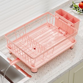 BULIJUJU Small Dish Drying Rack, Space Saving Dish Racks for Kitchen Counter, Kitchen Organizer Dish Drainer with Cutlery Holder for Spoons and Forks, 11''W x 15''L, Pink
